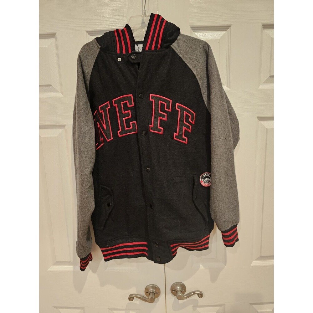 Neff Men's Button Up Varsity Jacket in Black, Red and Grey - Small
